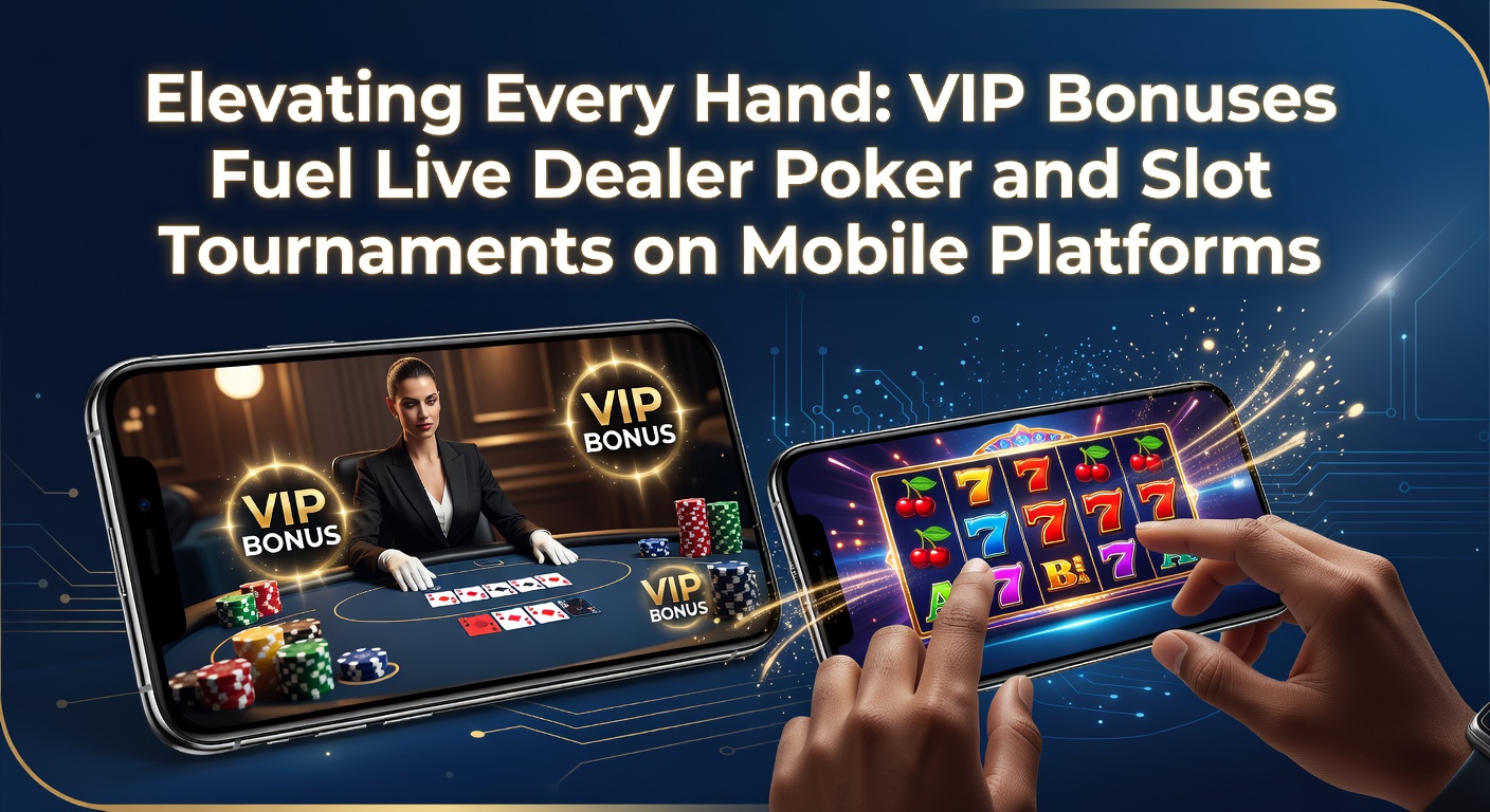 Smartphone mit Live-Dealer-Poker-Tisch und VIP-Bonus-Anzeige auf einem modernen mobilen Casino-App-Bildschirm, das die nahtlose Integration von Turnieren zeigt